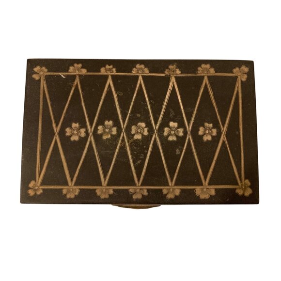 Vintage Black Etched Tin And Wood Jewelry Box With Floral Design And Hinged Lid - Picture 2 of 10